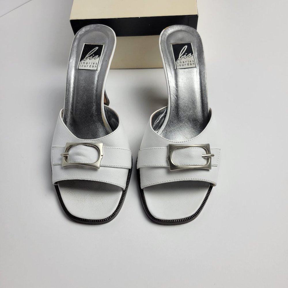 Charles Jourdan Vintage Heel Sandal/ Slide Mules  White Leather Kiki Sz 8.5 M